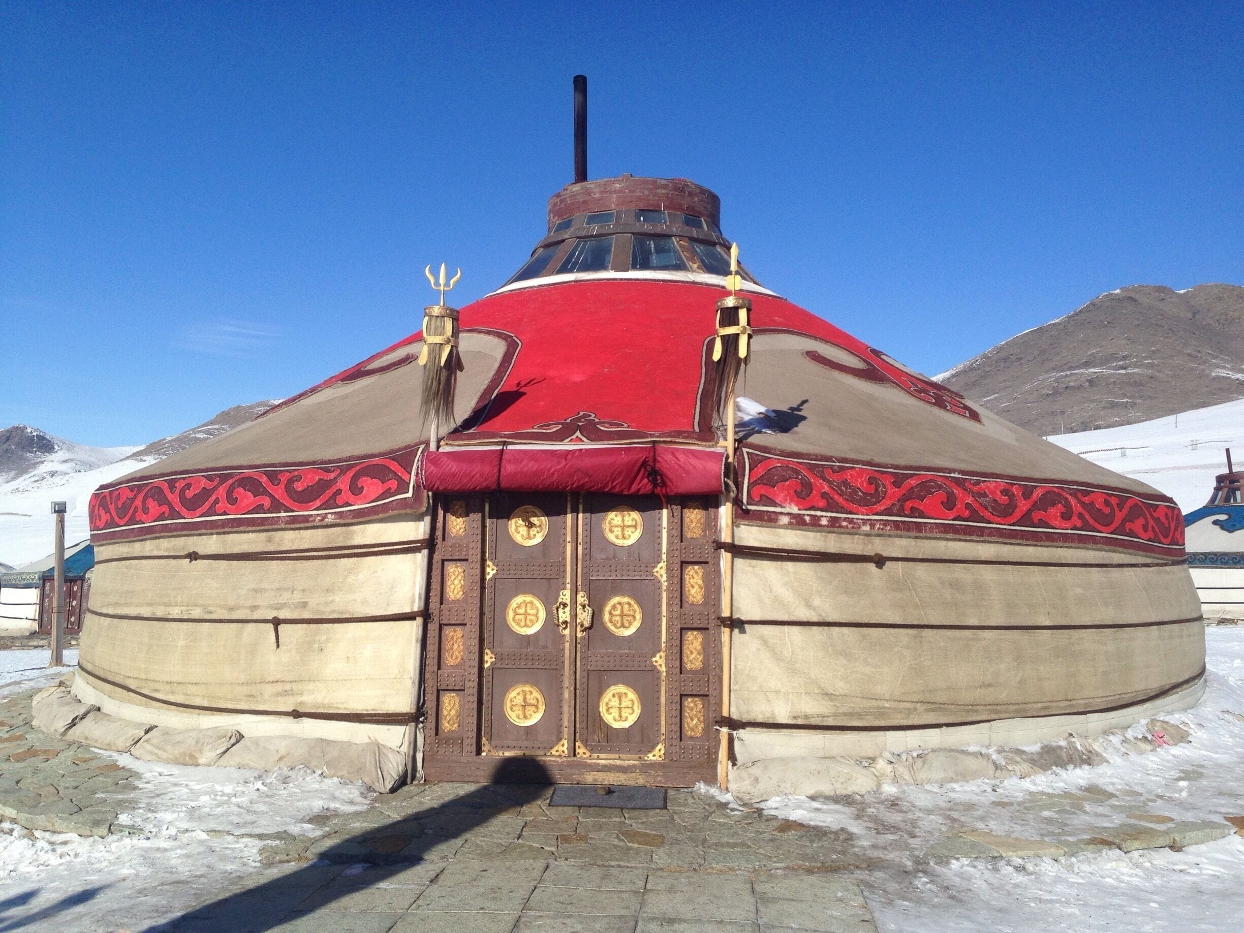 One of the three big main gers at the camp. This one can comfortably hold about 60 people seated at long tables with a big brazier in the middle to keep it warm. #colorful