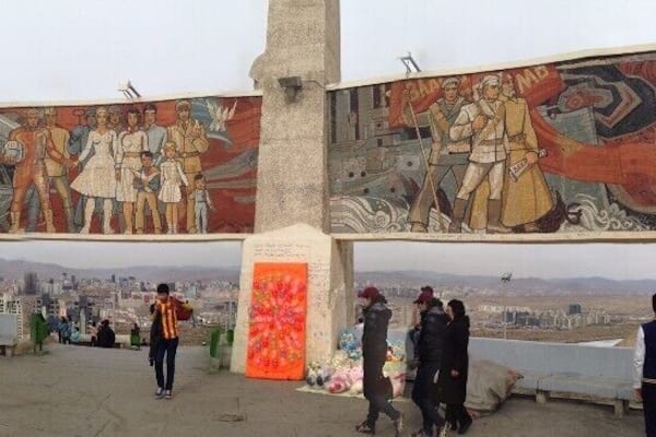 I took this photo as a 360 degrees image. I am interested to see how it looks on Trover. There is a mural running the whole way around the monument and you can see people looking down the hill back to UB. The monument was built by the Russians as a memorial to unknown soldiers and heroes.