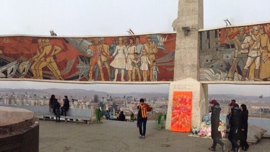 I took this photo as a 360 degrees image. I am interested to see how it looks on Trover. There is a mural running the whole way around the monument and you can see people looking down the hill back to UB. The monument was built by the Russians as a memorial to unknown soldiers and heroes.