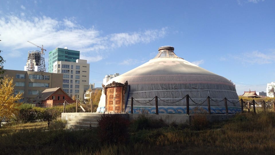 The Wedding Palace is not a religious place. It's where many people get married before moving on to a reception centre. The ger in the grounds is a symbol of the nomadic culture. A ger door will always face south. #ger #Details The strong Mongolian light draws the eye to the wedding ger. In a small area on downtown Ulaanbaatar you can capture the old and the new in architecture.