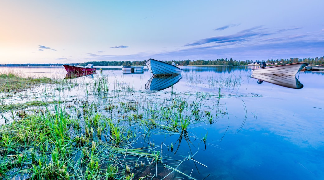 Motor and row boats anchored on the calm summer lake, sunset time, boats reflected in the water. Stocksjo Lake, close to Umea city, Northern Sweden