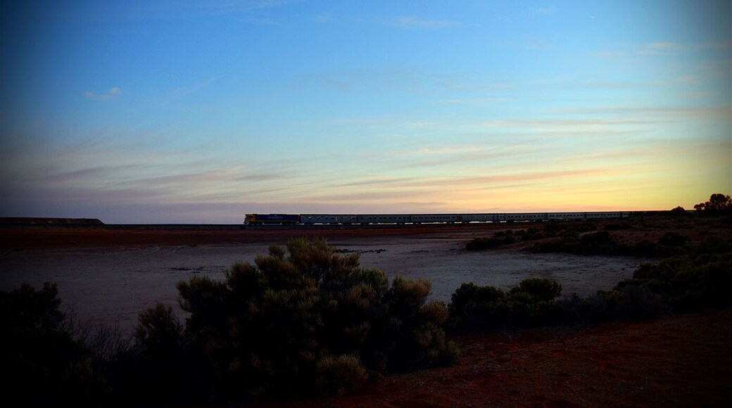 The Ghan passenger train steaming past Lake Hart in outback south Australia, the dry, salty shores of which I just happened to be camping on at that very moment.