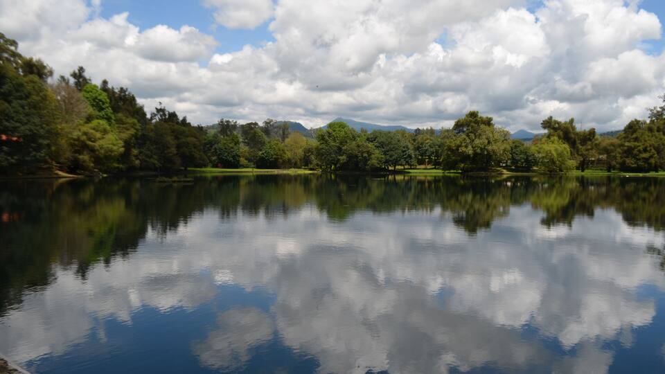 A calm lake with reflections of trees and clouds, surrounded by greenery and mountains in the distance.
