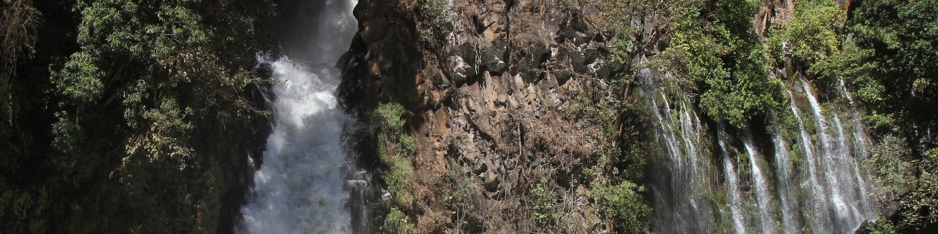 A multi-tiered waterfall surrounded by dense forest.