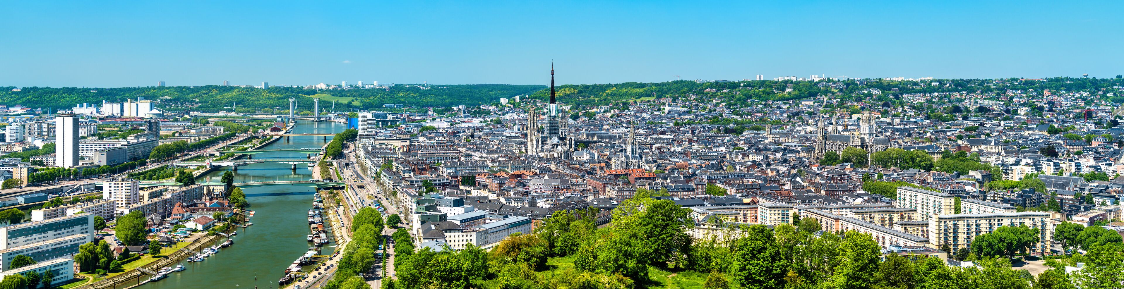 A panoramic view of a city with a river, bridges, and historic buildings.