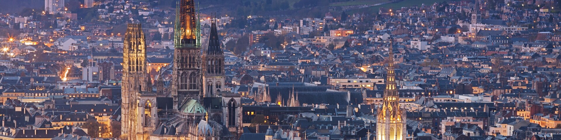 Aerial view of Rouen (Normandy, France) at dusk.