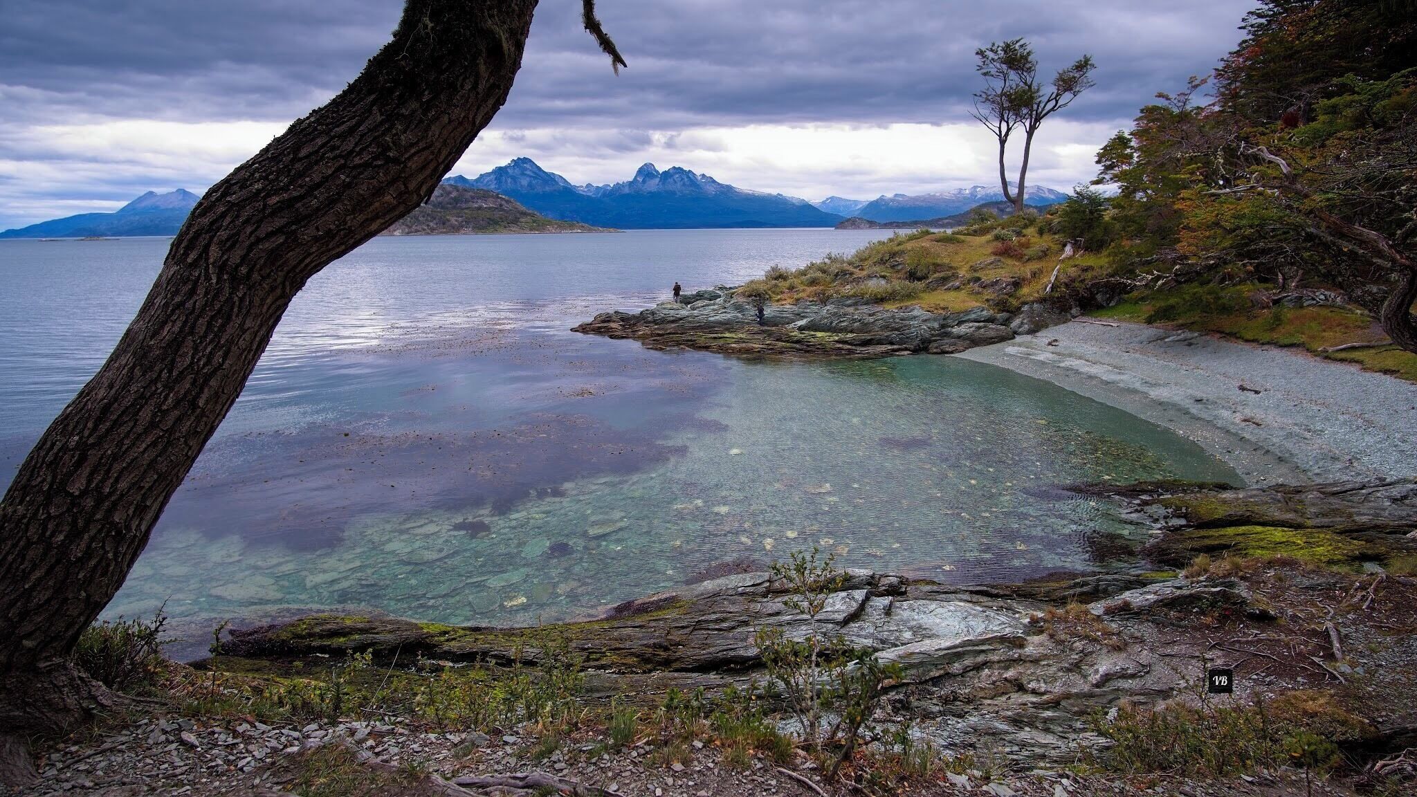 A coastal landscape with clear water, rocky shore, and mountains in the background.