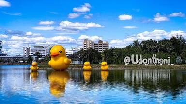 Uma grande escultura de pato amarelo em um corpo d'água, com um horizonte urbano ao fundo.
