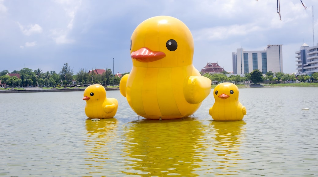 three Giant yellow rubber ducks in the lake of Udon thani province, Thailand