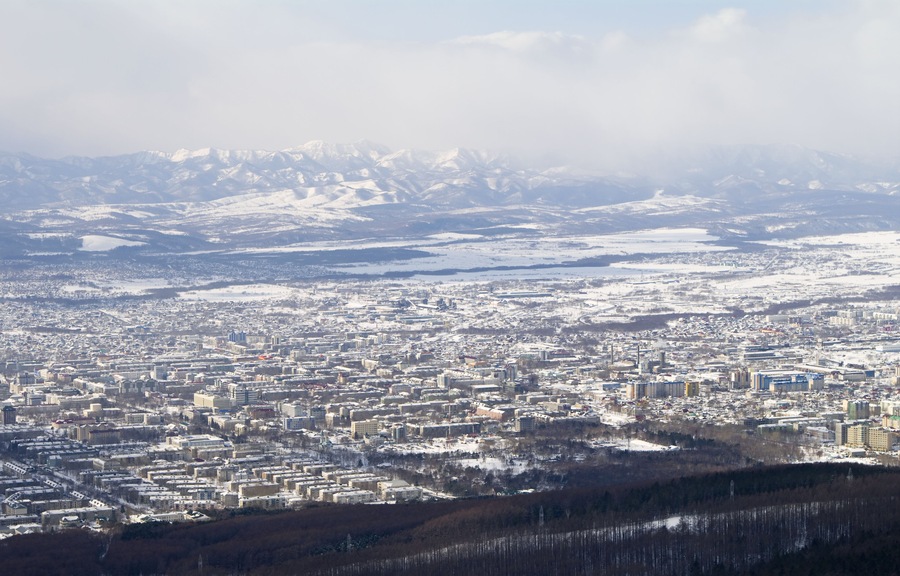 city of Yuzhno-Sakhalinsk, general view from height of the bird's flight