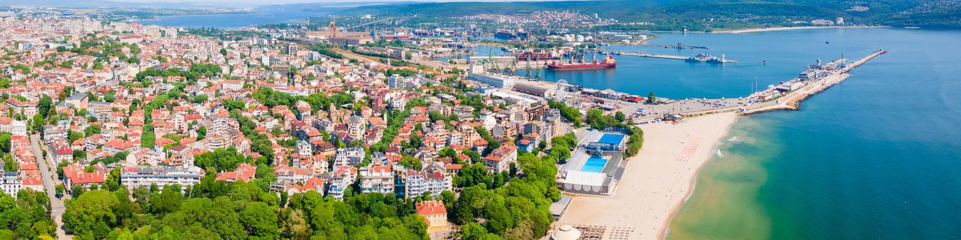 Varna city beach, seaside park aerial panoramic view, Bulgaria