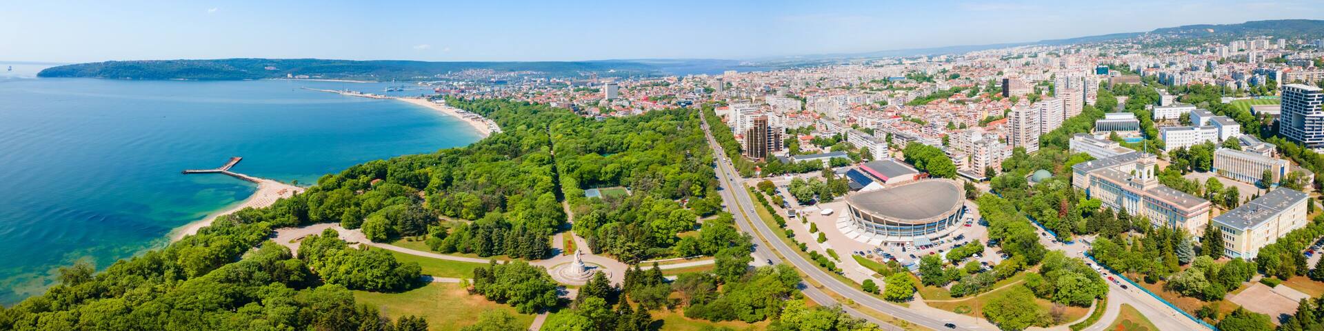 Varna city beach, seaside park aerial panoramic view, Bulgaria