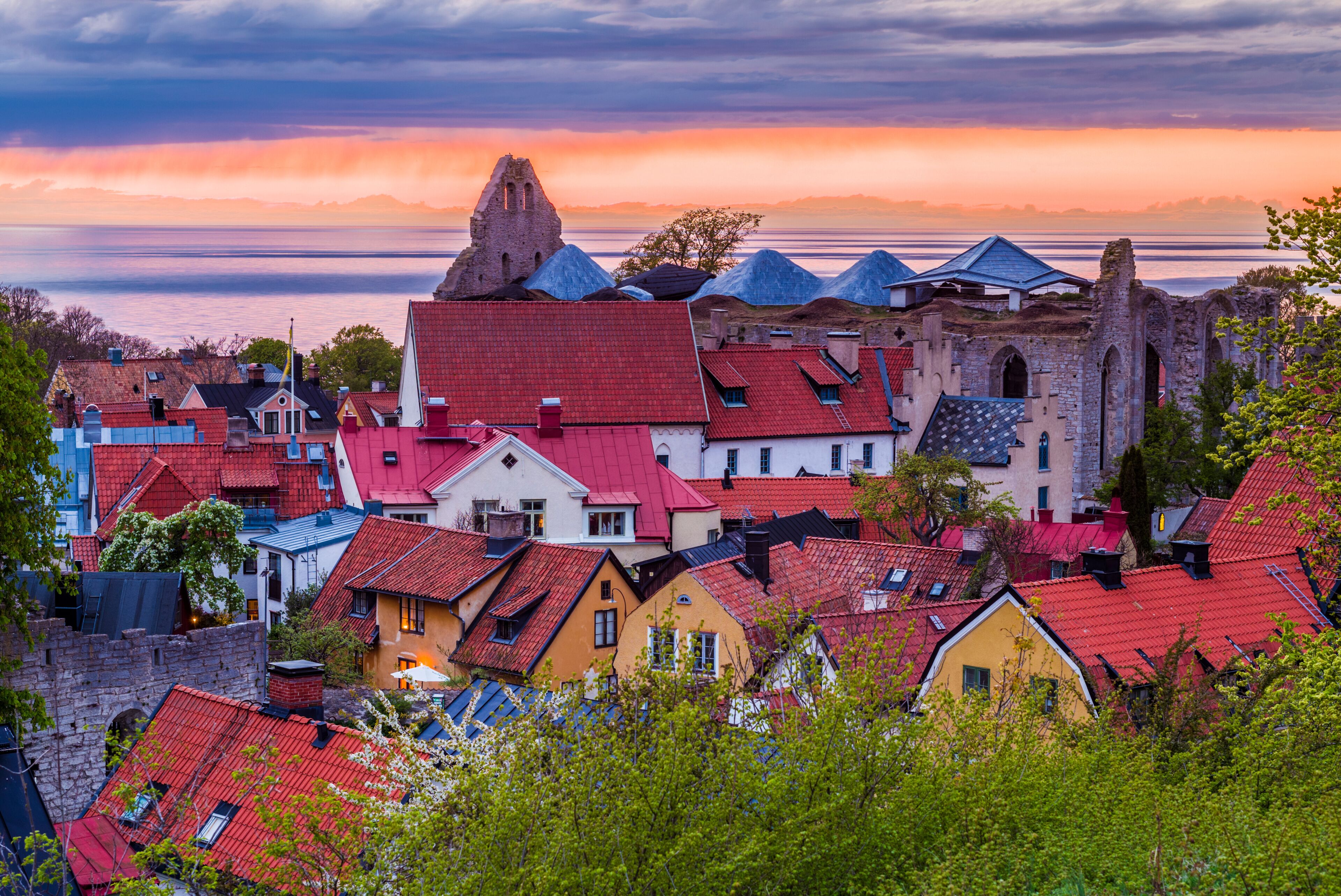 Sweden, Gotland Island, Visby, high angle city view, dusk