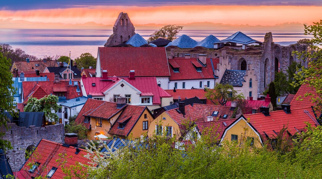 Sweden, Gotland Island, Visby, high angle city view, dusk