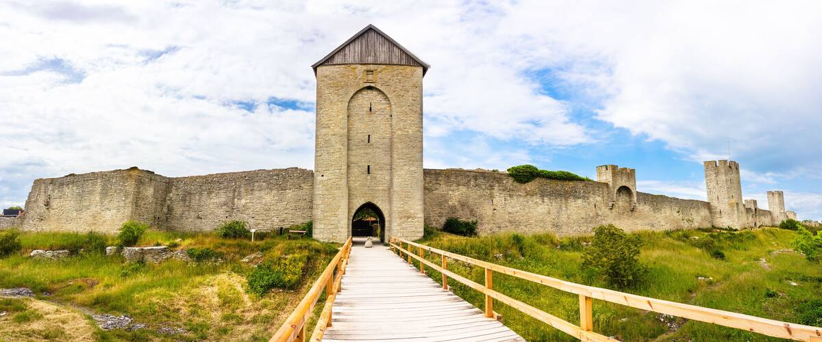 A medieval castle with a wooden walkway leading to the entrance.