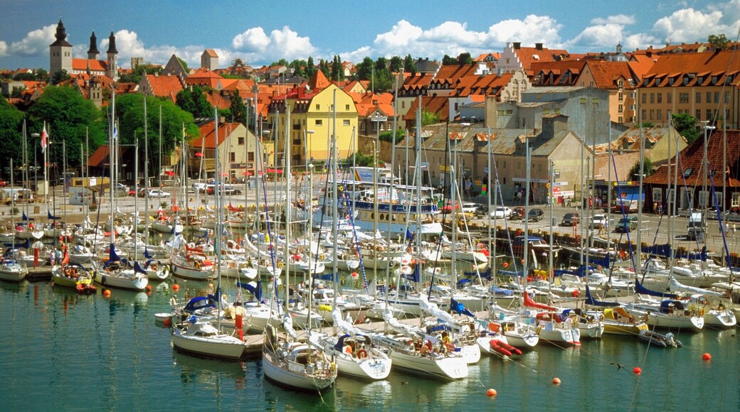 High angle view of sailboats docked at a harbor, Visby, Gotland Island, Sweden