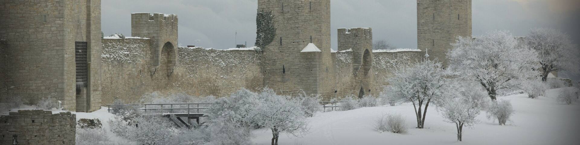 Visby medieval citywall during winter with ocean in the background.UNESCO World Heritage Site Gotland Sweden