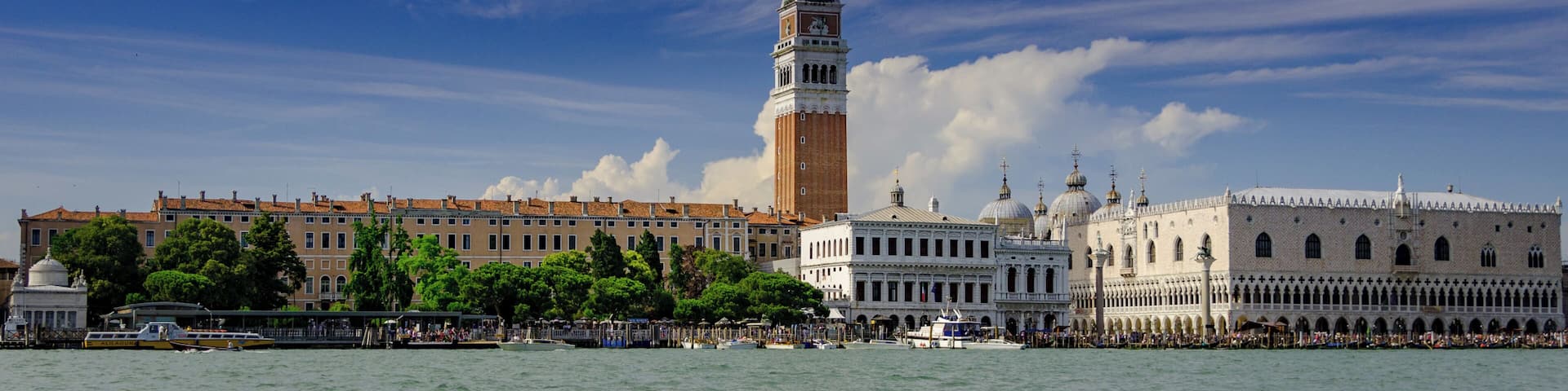 View of Campanile and Doge’s Palace in St. Mark’s Square from the lagoon. Venice joined the list of UNESCO World Heritage Sites in 1987.