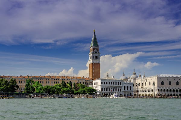 View of Campanile and Doge’s Palace in St. Mark’s Square from the lagoon. Venice joined the list of UNESCO World Heritage Sites in 1987.