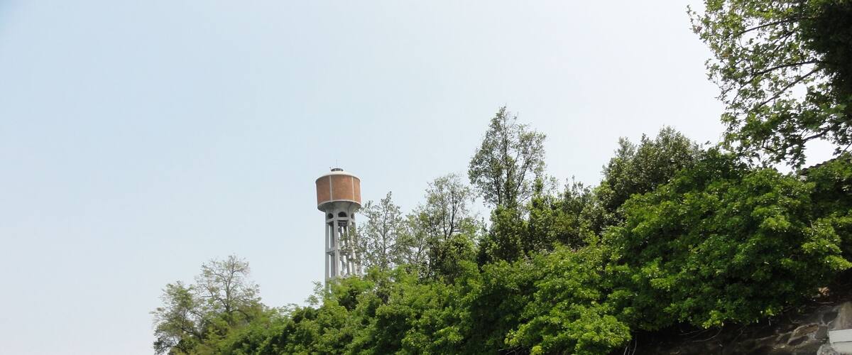 A water tower, dense green foliage, and a calm river.