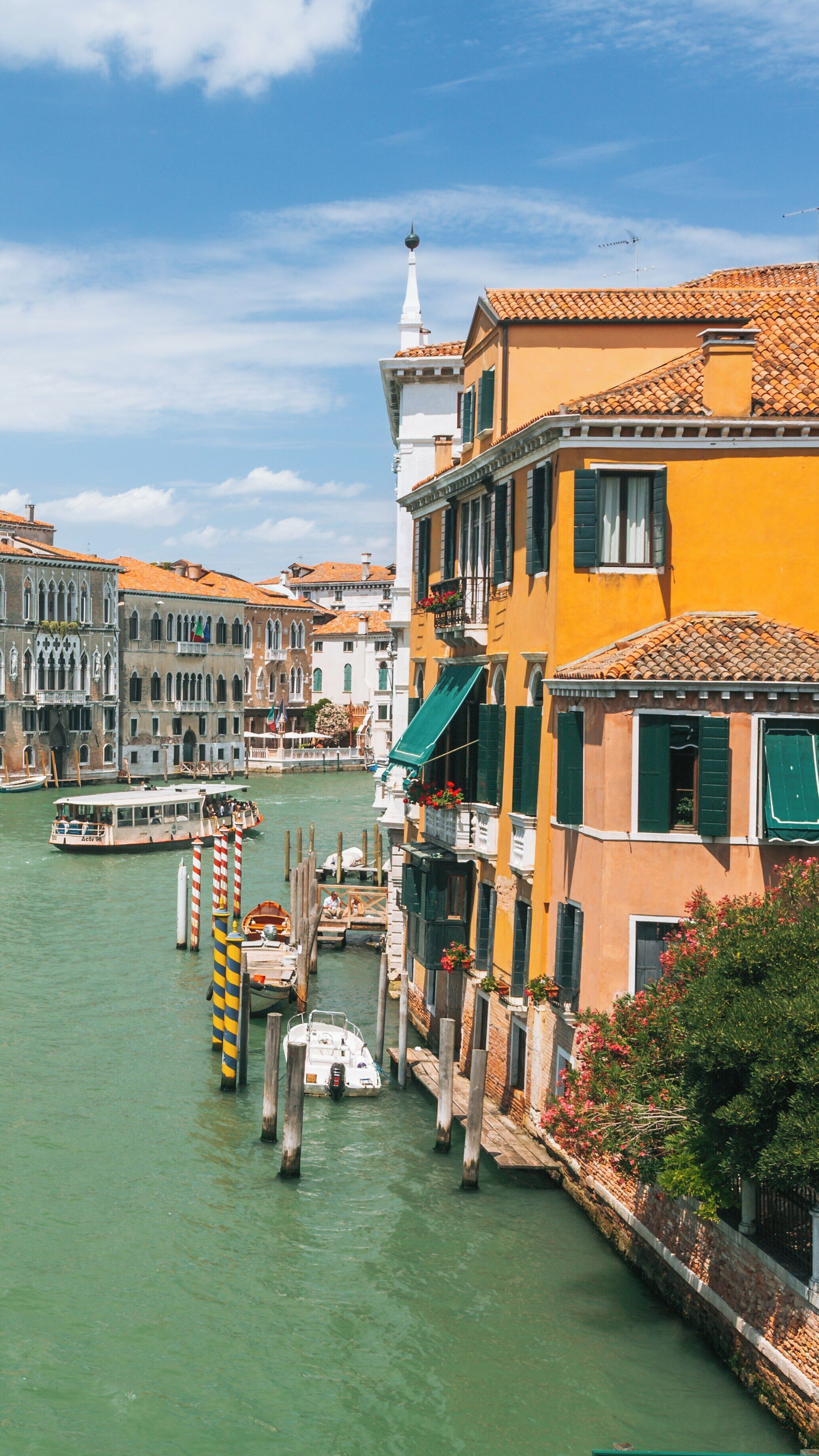 Stunning view of Academy Bridge overlooking the Grand Canal in Venice City Center during a sunny day in Italy