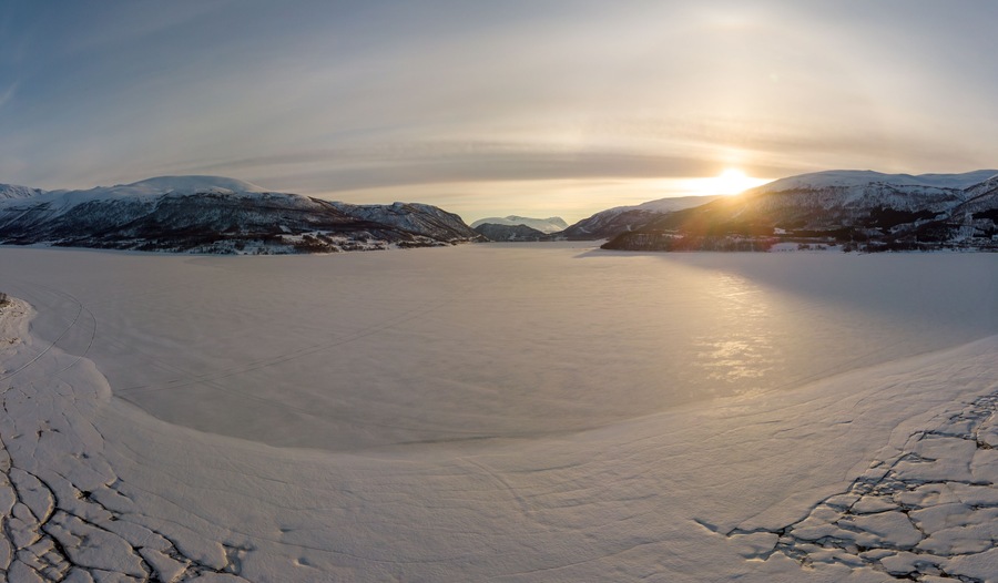 Frozen fjord in Fagernes, Lofoten Norway