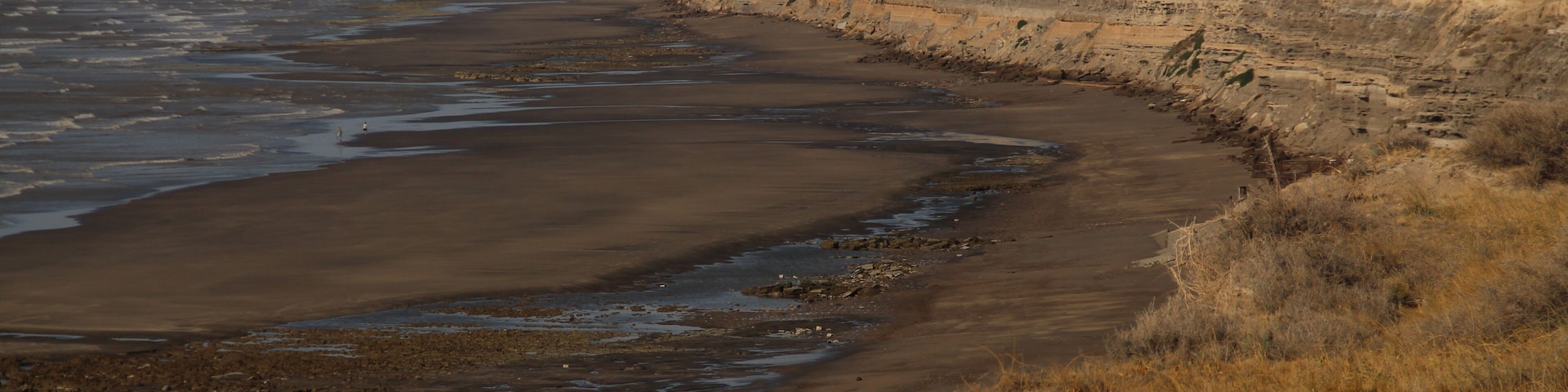 Un paisaje costero con una playa arenosa, acantilados y vegetación escasa.