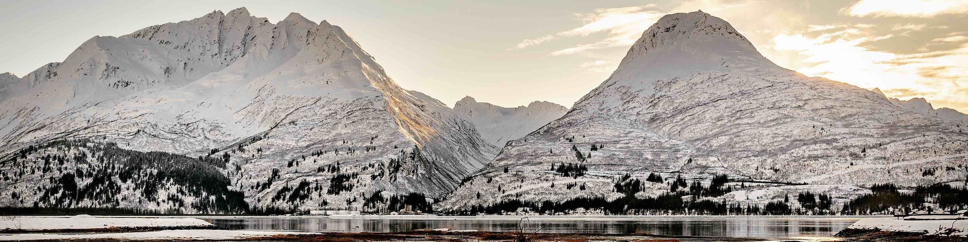 Winter reflecting the Chugatch Mountains onto Prince William Sound. The Old Town Valdez site is a great place to spot bears, and other wildlife during warmer months!