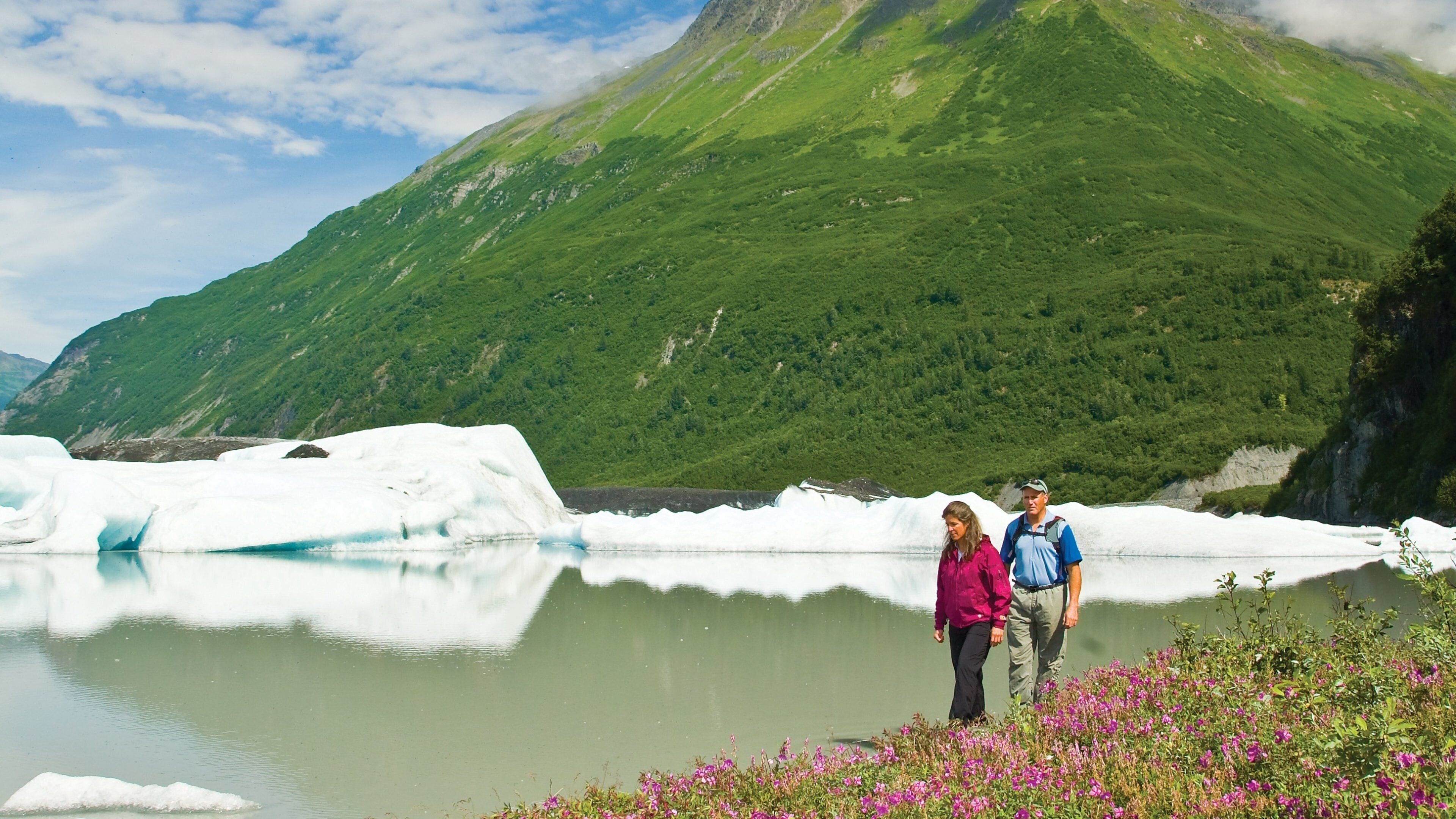 A glacier with a lake, a mountain, and pink flowers.