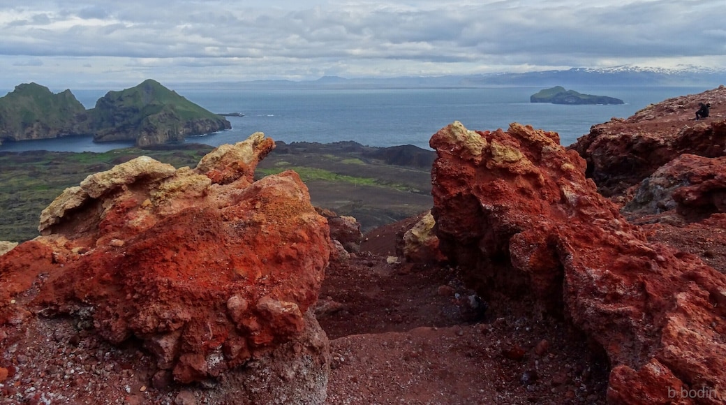 On the top of the active volcano on the main island of Vestmannaeyjar, Heimaey.