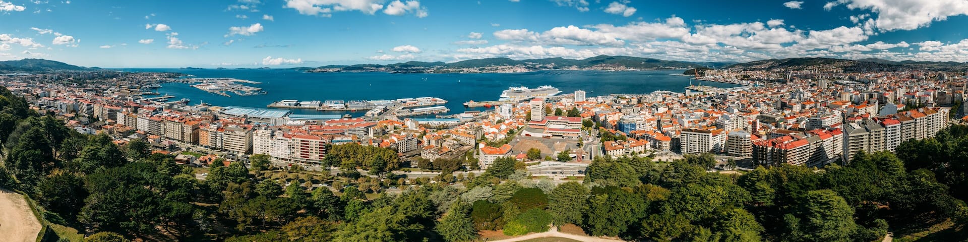 High perspective panorama of Vigo, Spain on a sunny day