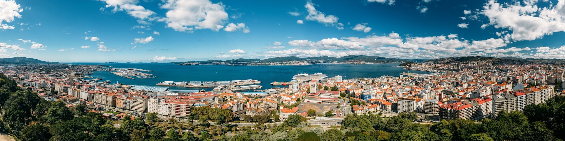 A coastal city with a harbor, ships, and a mountainous backdrop.
