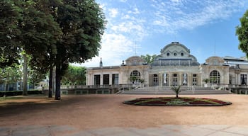 Un edificio histórico con una cúpula y un campanario, rodeado de árboles y un patio empedrado.