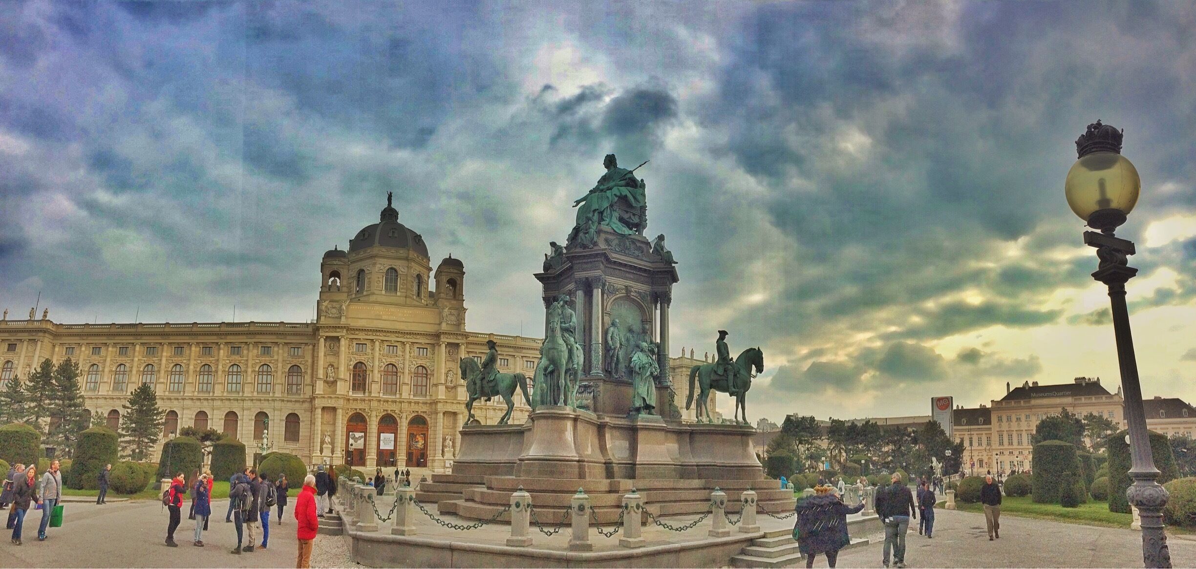 Memorial built to honor Empress Maria Theresia, which stands in the plaza between the Art History Museum (shown) and the Natural History Museum in Vienna. Watch out for the folks selling political newspapers here, who may hand you a paper as if it were free, but then demand payment. 
