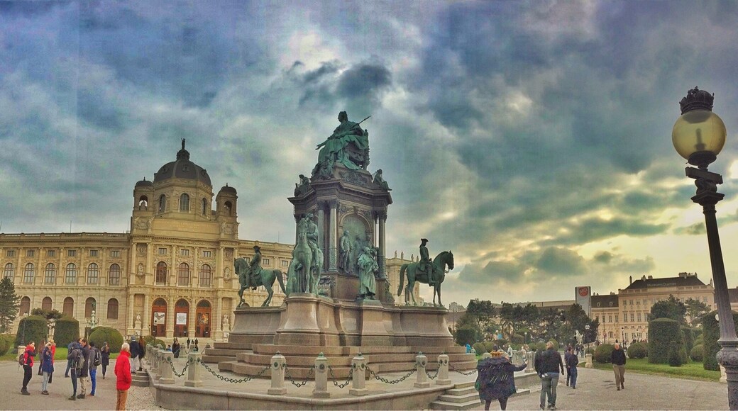 Memorial built to honor Empress Maria Theresia, which stands in the plaza between the Art History Museum (shown) and the Natural History Museum in Vienna. Watch out for the folks selling political newspapers here, who may hand you a paper as if it were free, but then demand payment.
