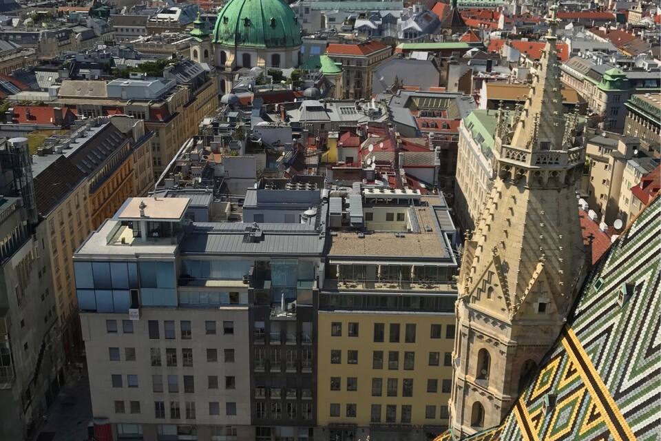 A cityscape with a prominent green dome, historic buildings, and a patterned roof.