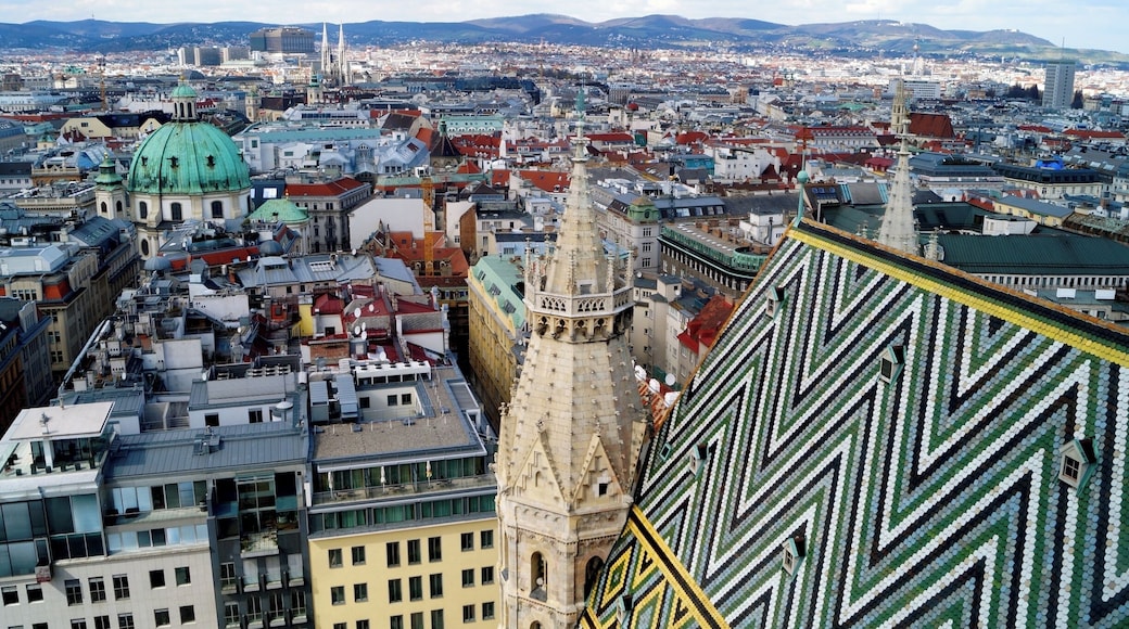 View over Vienna from the south tower of the St. Stephen's Cathedral (St. Stephansdom). You have to climb 343 steps up a very narrow spiral staircase to the Türmerstube, from where you can enjoy this view over the roofs of Vienna. Entrance fee was 4,50€ in spring 2015.