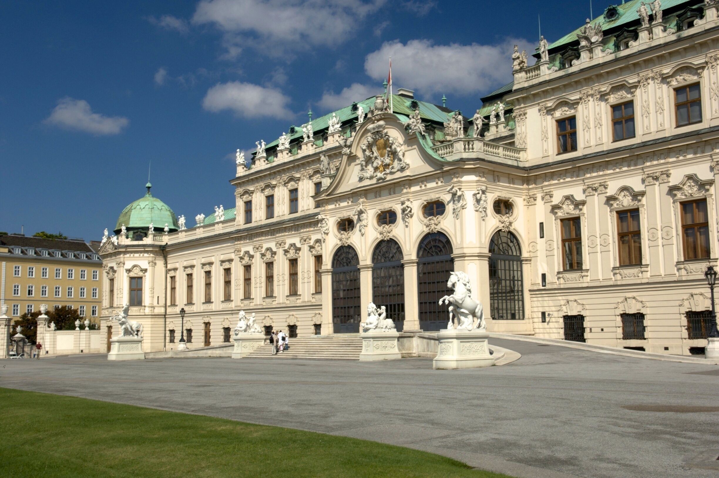 The Belvedere is a historic building complex in Vienna, Austria, consisting of two Baroque palaces, the Orangery, and the Palace Stables. The buildings are set in a Baroque park landscape in the third district of the city, on the south-eastern edge of its centre. It houses the Belvedere museum. The grounds are set on a gentle gradient and include decorative tiered fountains and cascades, Baroque sculptures, and majestic wrought iron gates. The Baroque palace complex was built as a summer residence for Prince Eugene of Savoy. Stunning Baroque landmark and part of the Historic Centre of Vienna UNESCO World Heritage Site.