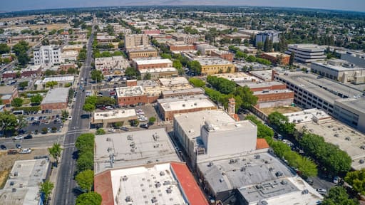 Aerial View of Downtown Visalia, California during Spring