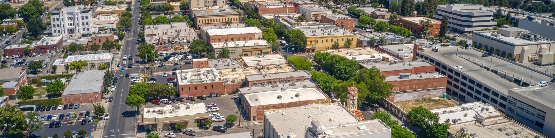 Aerial View of Downtown Visalia, California during Spring