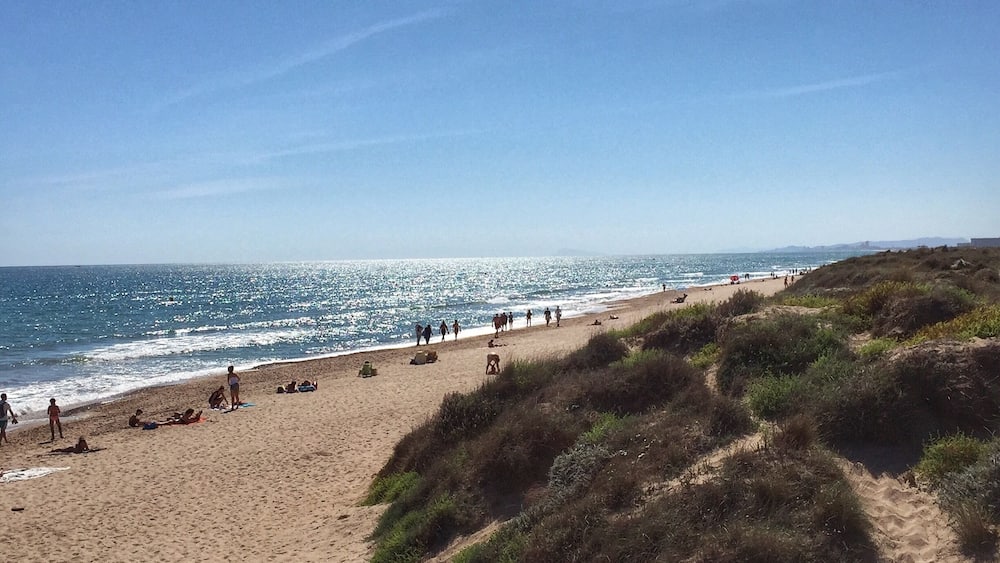 A beach with people, sand dunes, and the ocean.