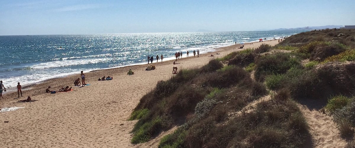A beach with people, sand dunes, and the ocean.