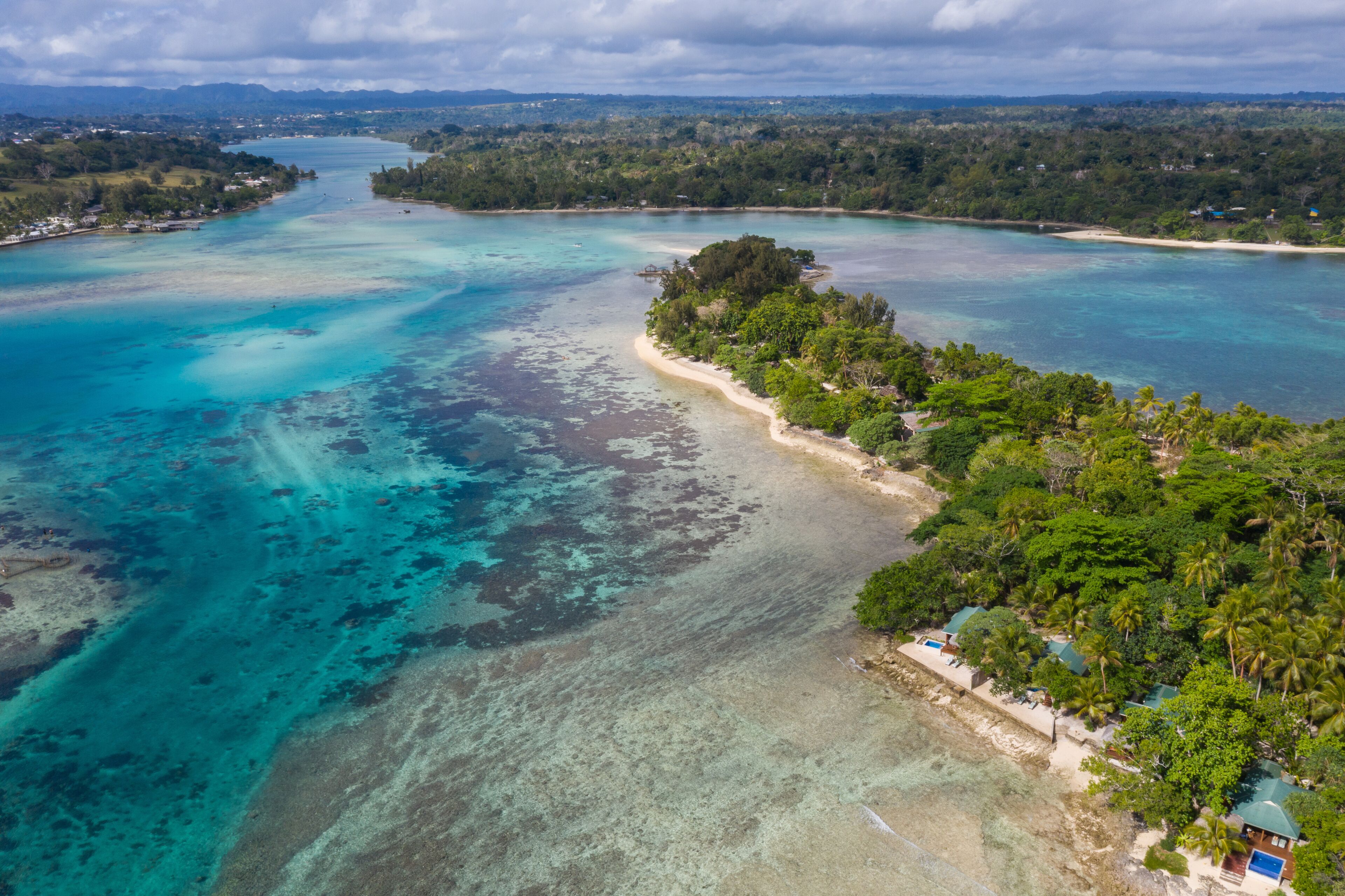 Port Vila, Vanuatu: Aerial view of the Iririki island in the Port Vila lagoon in Vanuatu in the south Pacific