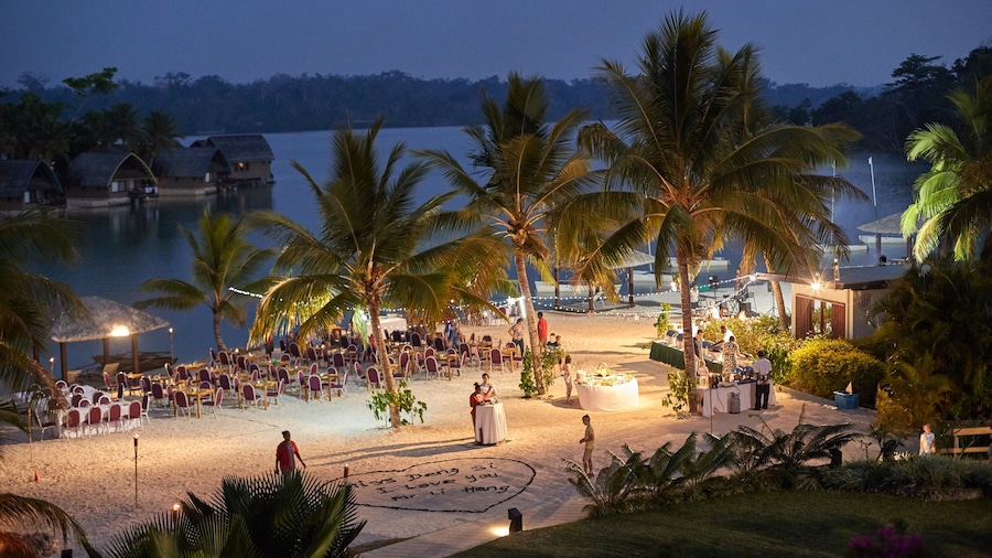 A beachside event with palm trees, tables, and chairs set up for an evening gathering.