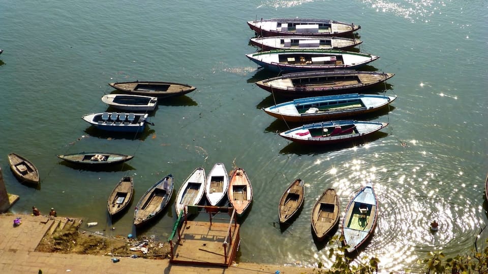 Boats on the Ganges waiting for their passengers