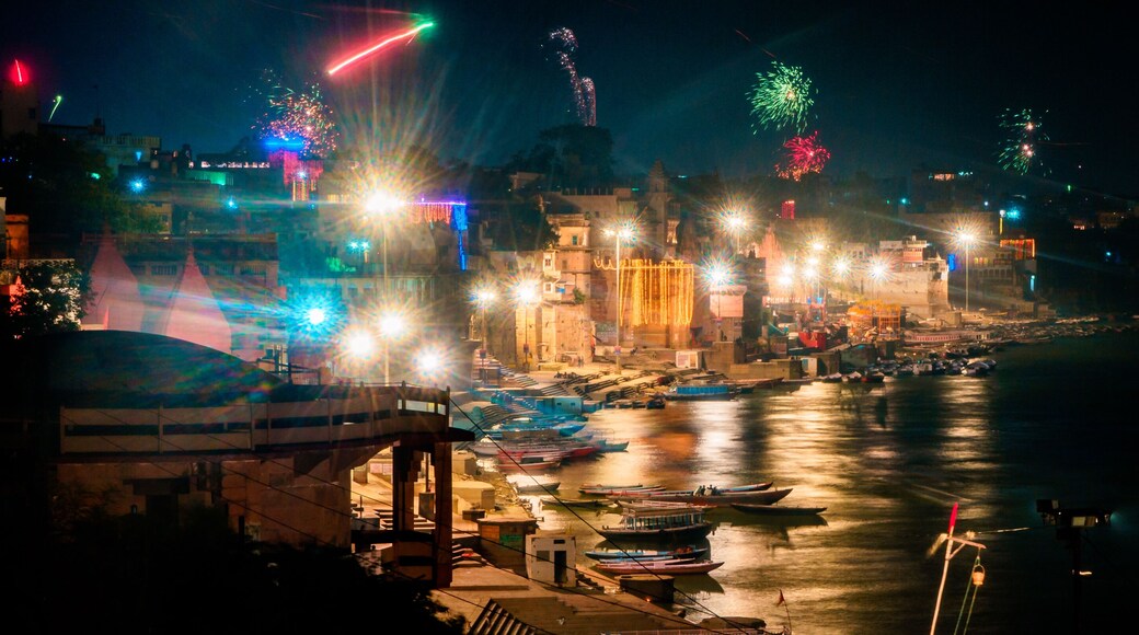 Beautiful night panorama skyline view of the ghats and Ganges River in Varanasi, India on Divali