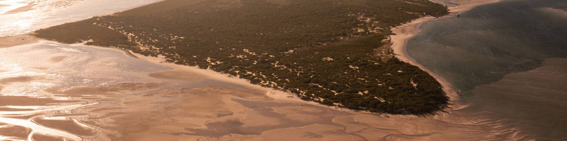 A coastal landscape with a sandy beach, a forested island, and a large body of water.