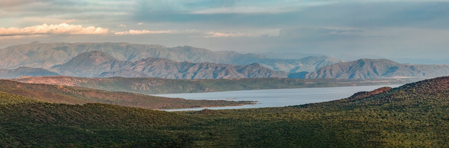 Un paisaje montañoso con un lago y un bosque denso.