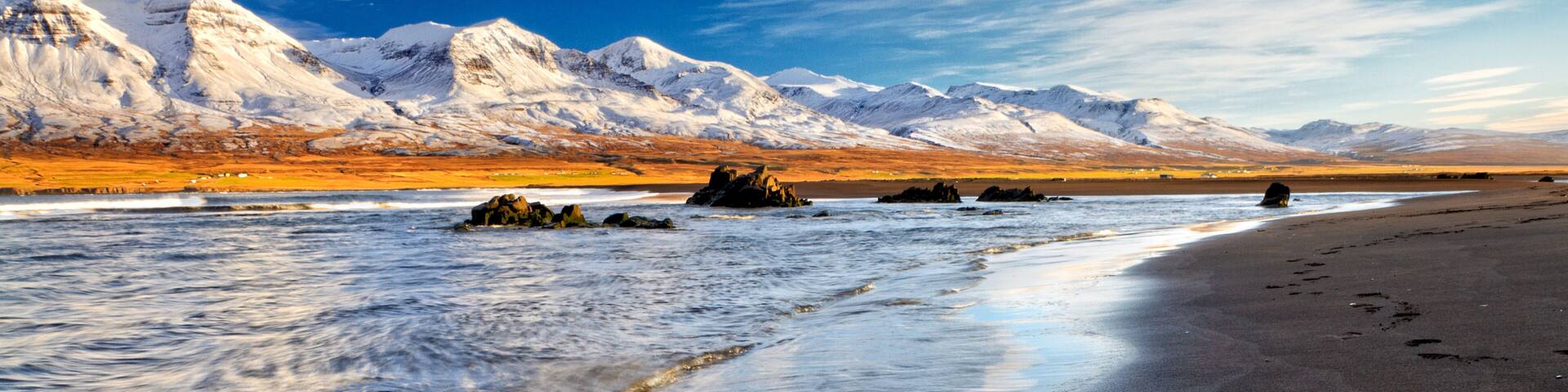 Golden hour on beach at Vopnafjordur, Iceland
