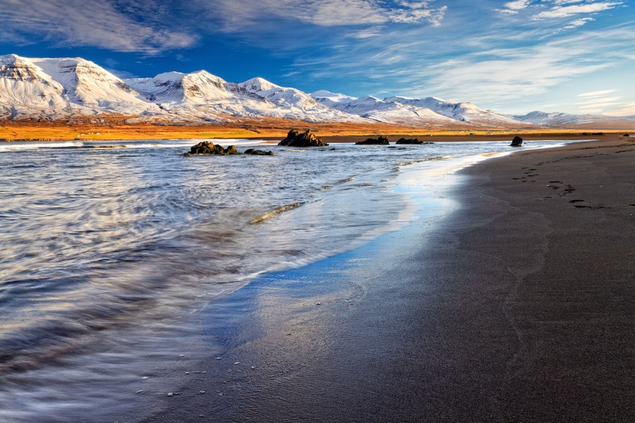 Golden hour on beach at Vopnafjordur, Iceland